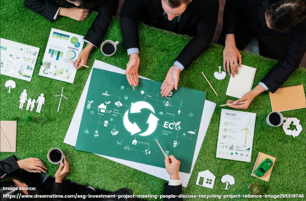 colleagues at a table discussing sustainability